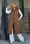 Brown Stand Collar Stripe Detailed Long Inflatable Vest with Pockets