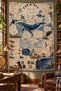 Whale and Sea Creatures Ocean Themed Vintage Digital Printed Stain Resistant Washable Fabric Wall Covering Wall Tapestry Decorative Tapestry