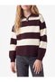 Viscose Blended Half-Zip Long Sleeve Polo Collar Striped Knit Sweater - 2