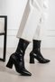 Black Leather Zipper Detailed Pointed Toe Women's Heeled Boots - 3