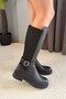 Women's Fero Black Leather Below-Knee Diving Fabric Buckle Detailed Thick Sole Boots - 3