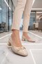 Buckle-Strapped Thick Short Heeled Oval Toe Stylish Beige Shiny Women's Evening Dress Shoes Pc-56067 - 3