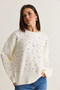 Women's Ecru Crystal Stone Embellished Crew Neck Oversized Soft Textured Knit Sweater 2893 60286774 - 3