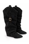 Women's Black Suede Pointed Toe Buckle Bellows Below the Knee Cowboy Boots Evrin - 2