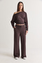 Women's Brown Boat Neck Crop Top with Drawstring Detail and Wide Leg Pants Set 602 60286771 - 4