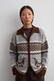 Contrast Patterned Zippered Knitwear Cardigan Brown