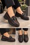 Women's Brown Leather Buckle Loafer Shoes Thick Sole Casual Stylish Moccasins - 2