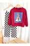 Boy's Burgundy Dog Printed Sweatshirt Checkered Bottom 3 Thread Non-Threaded Sweatpants Top and Bottom Set - 2