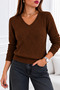 Women's V-Neck Long Sleeve Knitted Patterned Rib Detailed Brown Knitwear Sweater - 3