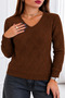 Women's V-Neck Long Sleeve Knitted Patterned Rib Detailed Brown Knitwear Sweater