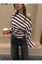 Brown-ecru striped modal boat neck wide sleeve design blouse - 4