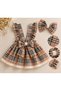Girl's Beige Plaid Patterned Ruffle Salopet and Bandana Set - 4