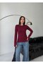 Women's Crew Neck Burgundy Basic Flexible Body Blouse with Finger Loop Detail and Cotton Finger Detail - 5