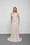 Beige strapless boat neck stone embellished asymmetrical evening dress