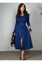Women's Long Sleeve Collared Waist Belted Leather Detail Slit Midi Viscose Two Thread Dress