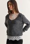 Women's Anthracite 2-Piece Lace Blouse and V-Neck Oversize Knitwear Sweater Set Tk261156 60286726 - 4