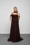 Brown off shoulder peplum cut scarf pleated evening dress - 3
