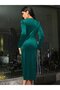 Women's Long Sleeve Double Breasted Collar Side Gathered Midi Velvet Dress - 4