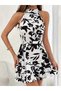 Women's Off the Shoulders High Neck Belted Patterned Short Single Jersey Dress