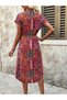 Women's Short Sleeve V-Neck Belted Waist Midi Single Jersey Dress - 4