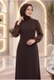 Women's New Season Elegant Stone Embellished Elastic Sleeve Kupra Combed Cotton Dress - 5
