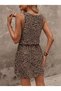 Women's Strappy Round Neck Belted Waist Leopard Print Short Jersey Dress - 3