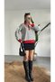 Women's Red Collared Striped Zippered Polo Collar Knitwear Sweater with Contrast Detail - 5