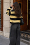 Women's Black Yellow Thick Striped Crew Neck Oversize Sweatshirt - 4