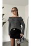 Women's Anthracite Sequined Madonna Collar Knitwear Sweater Boat Neck Sparkling Knit Sweater