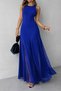 Women's Strappy Crew Neck Asymmetrical Hem Tulle Detailed Long Imported Crepe Dress - 3