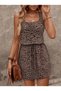 Women's Strappy Round Neck Belted Waist Leopard Print Short Jersey Dress - 2
