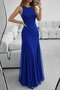 Women's Strappy Crew Neck Asymmetrical Hem Tulle Detailed Long Imported Crepe Dress