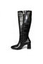 Women's Black Shiny 7cm Thick Heel 38cm Leg Length 29cm Calf Width Buckle Heeled Boots - 5