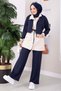 Zippered Garnished Hooded Double Set Navy Blue
