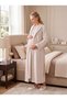 New Season Beige Winter Square Patterned Shawl Collar Full Length Easy Breastfeeding Design Long Sleeve Maternity Nightgown Set - 2