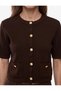 Women Brown Plain Round Neck Short Sleeves Cardigan - 4