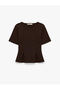 Women Brown Plain Round Neck Short Sleeves Top - 5