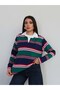 Polo Collar Contrast Striped Blouse