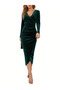 Women's Long-Sleeve Double-Breasted Neck Gathered Waist Midi Velvet Dress - 3