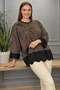 Women's Coffee Color Crew Neck Chest Leaf Crystal Stone Glittery Slim Knitwear Blouse - 3