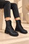 Women's Black Genuine Leather Women's Boots with Front Stitching Detail, Lace-Up, Zippered, Thick Soled, Daily Wear R