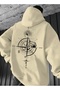 Special Series Large Size Hooded Pocketless Compass Direction Back Printed 100% Cotton Oversize Men's Sweatshirt