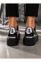Women's Black Patent Leather Thick Sole Sneaker - Silver Detailed Lace-Up Sports Shoes - 2
