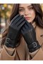 Women's Genuine Lambskin Gloves Black Belt Buckle Zipper Detailed Soft Leather Inside Gloves ⁠