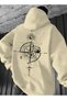 Special Series Large Size Hooded Pocketless Compass Direction Back Printed 100% Cotton Oversize Men's Sweatshirt - 2