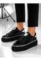 Women's Black Patent Leather Thick Sole Sneaker - Silver Detailed Lace-Up Sports Shoes