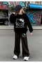 Hooded Ribbon Cat Printed 100% Cotton 3 Yarn Spanish Cuff Winter Pocketless Girls' Tracksuit Set - 2