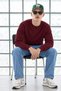 Men's Crew Neck Ribbed Oversize Claret Red Sweater - 4