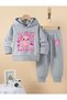 Cute Little Monster Printed with Hood, 100% Cotton, 3 Yarn, Pocketless, Winter Girls' Tracksuit Set - 2