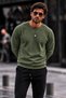 Men's Crew Neck Plain Pattern Ribbed Knitwear Green Sweater - 2